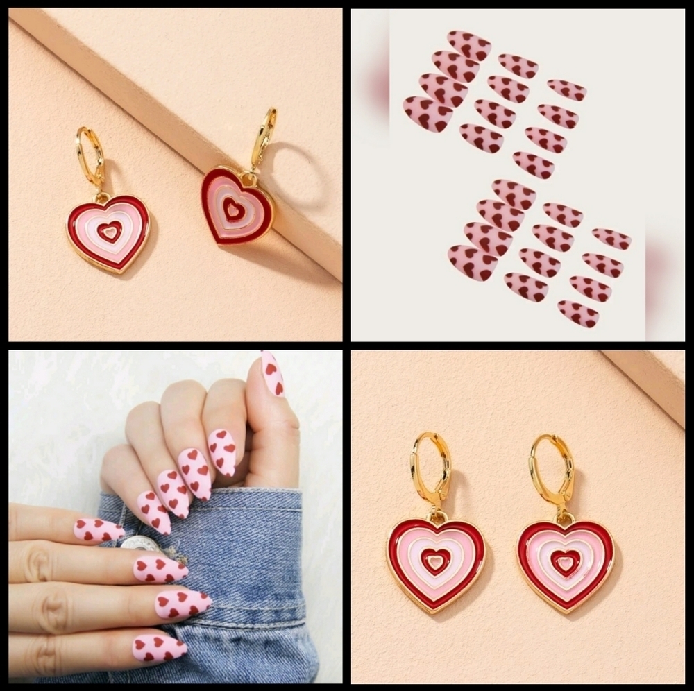 Press on nails and heart earrings combo